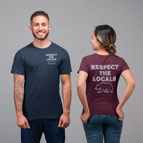 Introducing our latest camping t-shirt featuring a bear graphic and the empowering slogan "Respect The Locals".